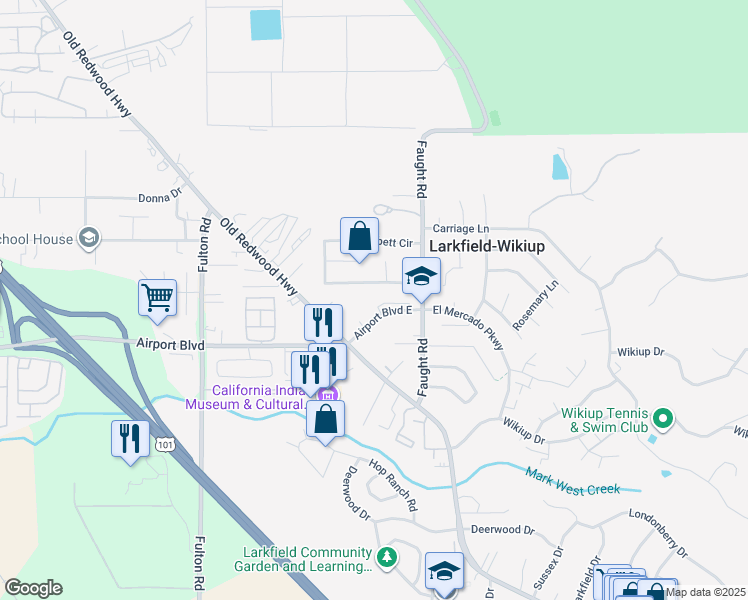 map of restaurants, bars, coffee shops, grocery stores, and more near 193 Airport Boulevard East in Santa Rosa