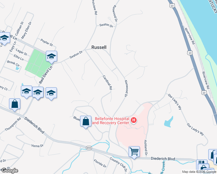 map of restaurants, bars, coffee shops, grocery stores, and more near 320 Cardinal Road in Russell