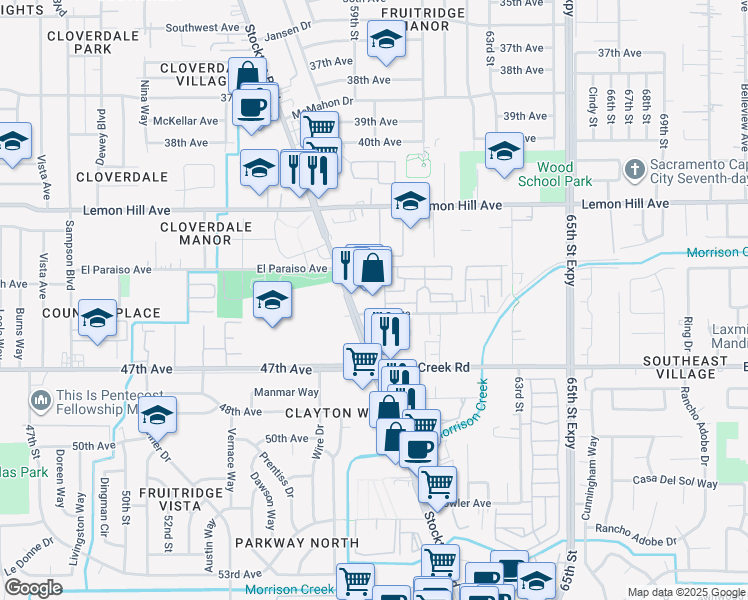 map of restaurants, bars, coffee shops, grocery stores, and more near 6175 Stockton Boulevard in Sacramento