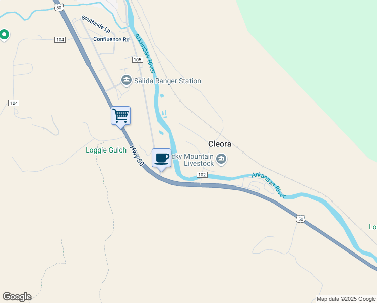 map of restaurants, bars, coffee shops, grocery stores, and more near 6505 County Road 102 in Salida