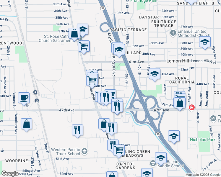 map of restaurants, bars, coffee shops, grocery stores, and more near 3804 45th Avenue in Sacramento