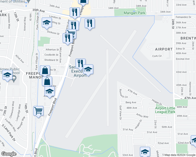 map of restaurants, bars, coffee shops, grocery stores, and more near 6289 Freeport Boulevard in Sacramento