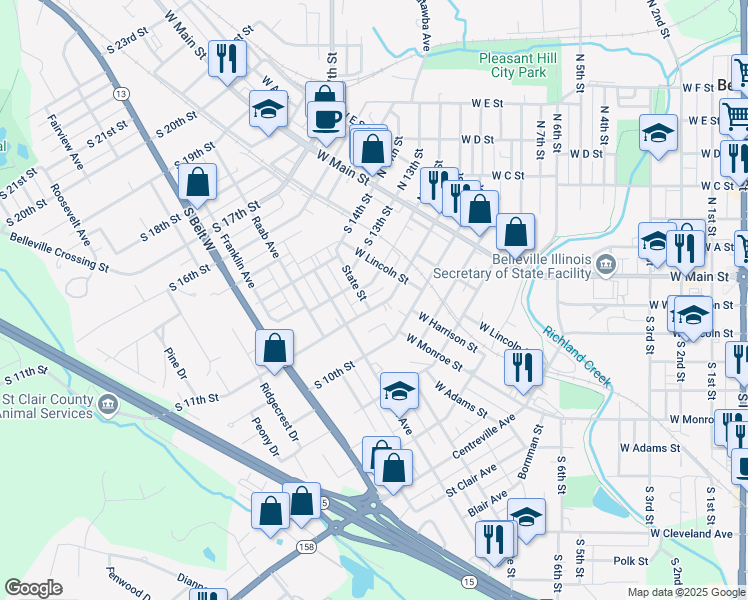 map of restaurants, bars, coffee shops, grocery stores, and more near 306 South 11th Street in Belleville