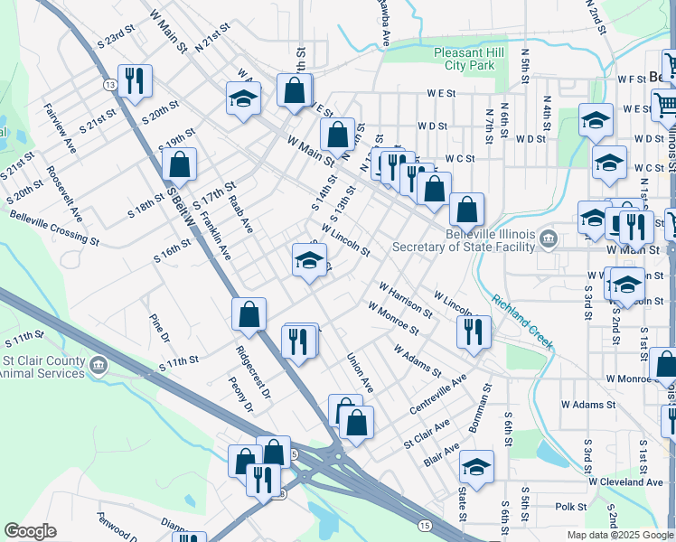map of restaurants, bars, coffee shops, grocery stores, and more near 306 South 11th Street in Belleville