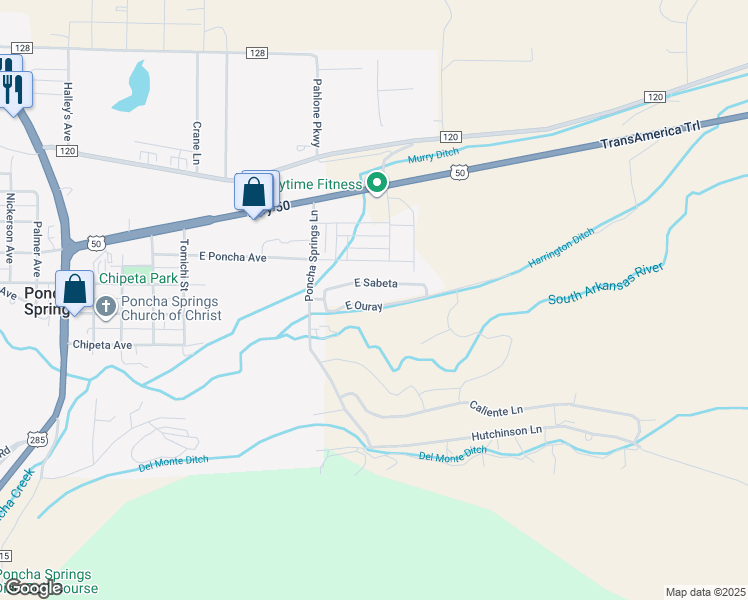 map of restaurants, bars, coffee shops, grocery stores, and more near 1110 East Ouray in Salida