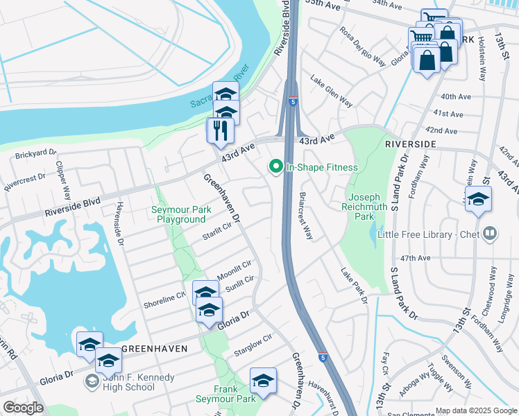 map of restaurants, bars, coffee shops, grocery stores, and more near 6332 Leaf Avenue in Sacramento