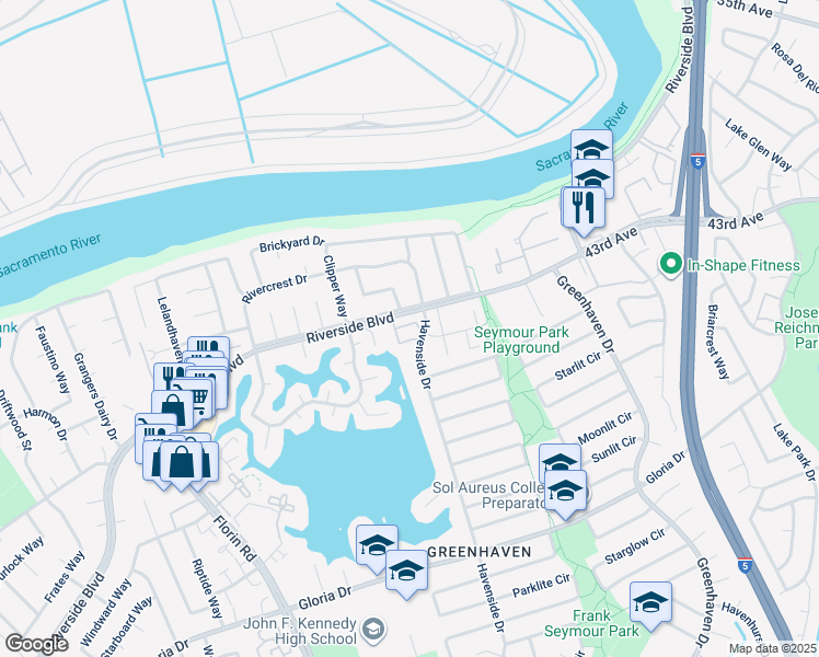 map of restaurants, bars, coffee shops, grocery stores, and more near 6280 Havenside Drive in Sacramento