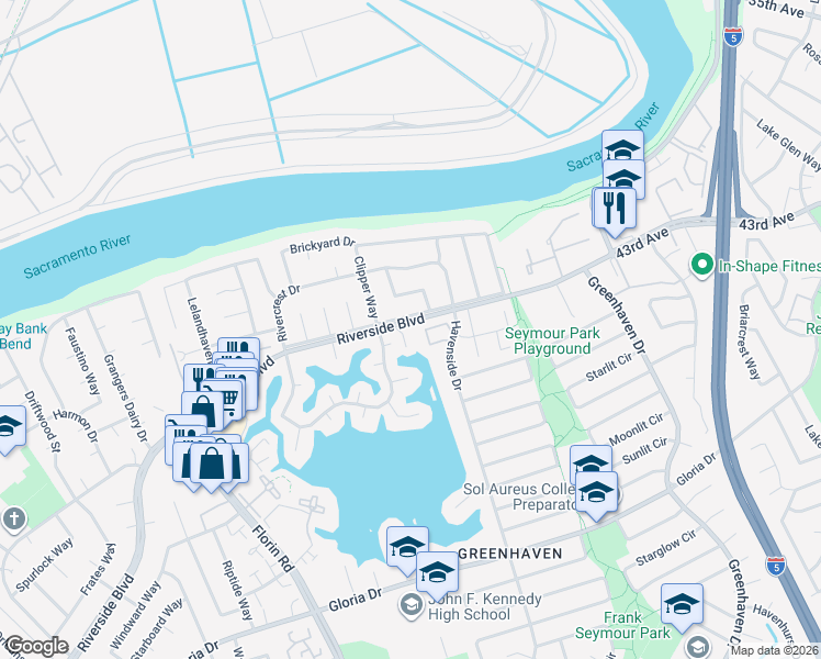 map of restaurants, bars, coffee shops, grocery stores, and more near 717 Shoreside Drive in Sacramento