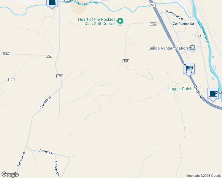 map of restaurants, bars, coffee shops, grocery stores, and more near 6397 Loggie Gulch in Salida