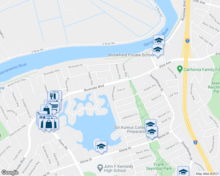 map of restaurants, bars, coffee shops, grocery stores, and more near 6239 Riverside Boulevard in Sacramento