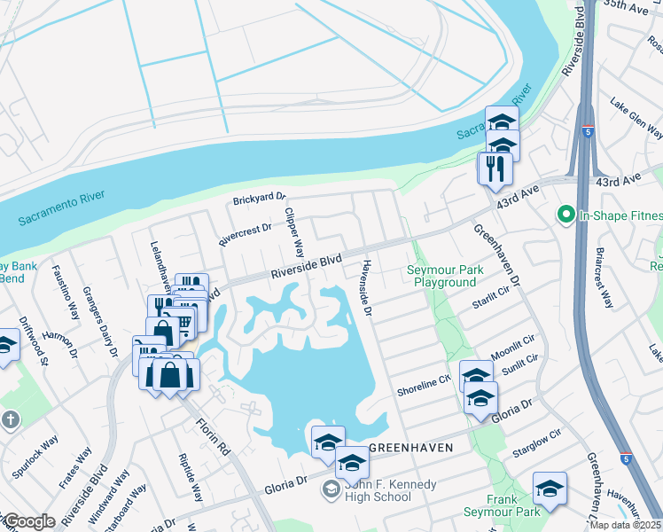 map of restaurants, bars, coffee shops, grocery stores, and more near 717 Shoreside Drive in Sacramento