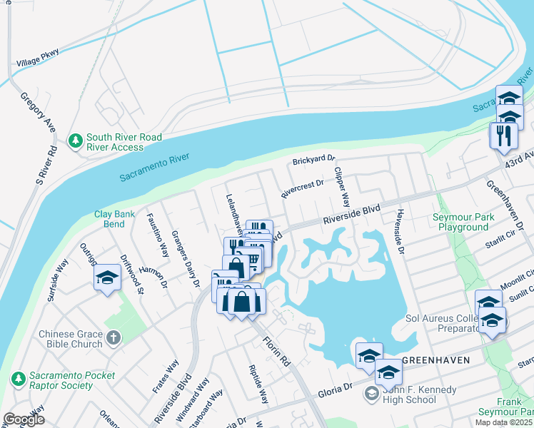 map of restaurants, bars, coffee shops, grocery stores, and more near 6328 Seastone Way in Sacramento