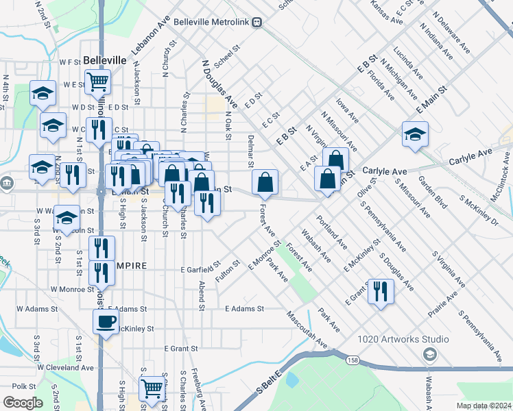 map of restaurants, bars, coffee shops, grocery stores, and more near 814 East Washington Street in Belleville