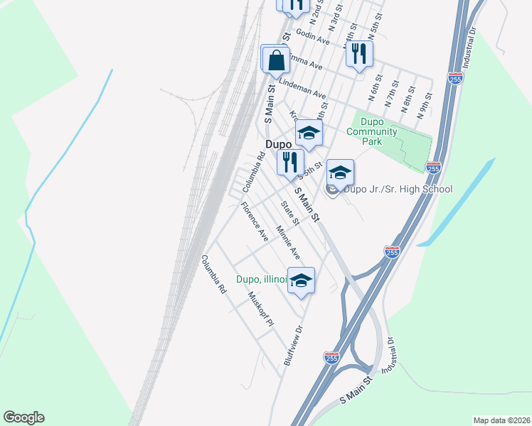 map of restaurants, bars, coffee shops, grocery stores, and more near 513 Minnie Avenue in Dupo