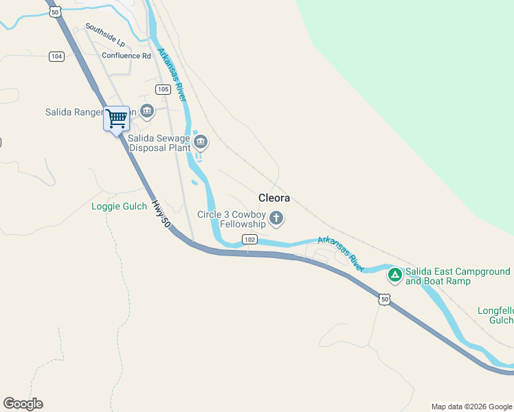 map of restaurants, bars, coffee shops, grocery stores, and more near 6505 County Road 102 in Salida