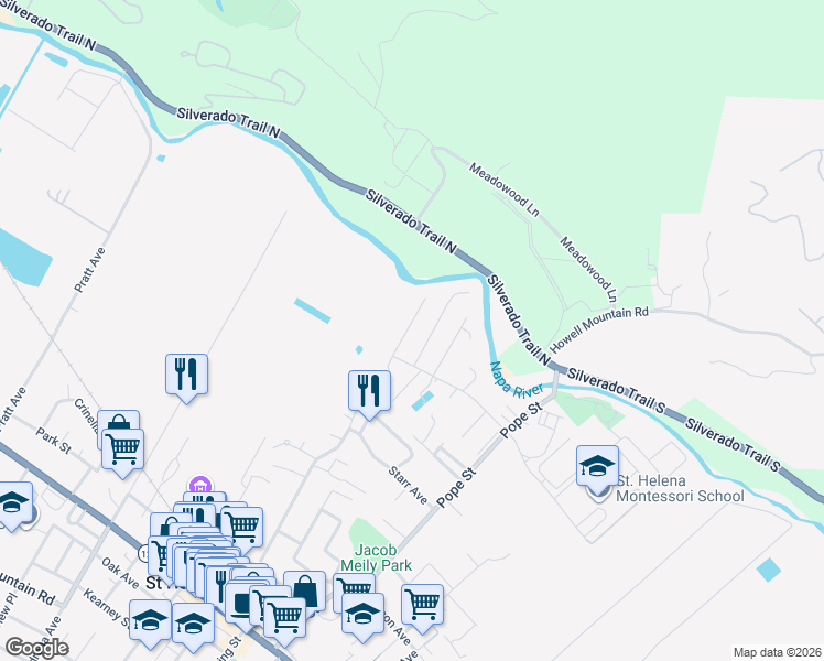 map of restaurants, bars, coffee shops, grocery stores, and more near 8 Del Rio Court in St. Helena
