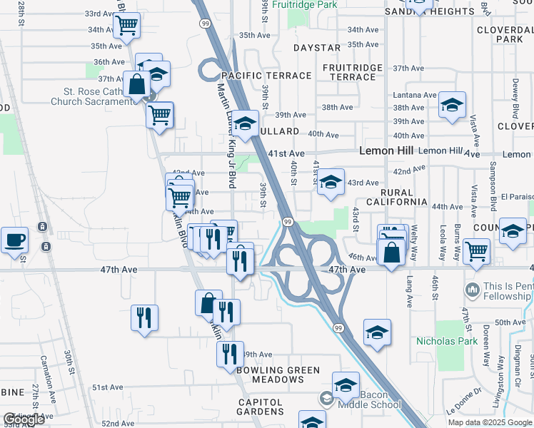 map of restaurants, bars, coffee shops, grocery stores, and more near 3918 44th Avenue in Sacramento
