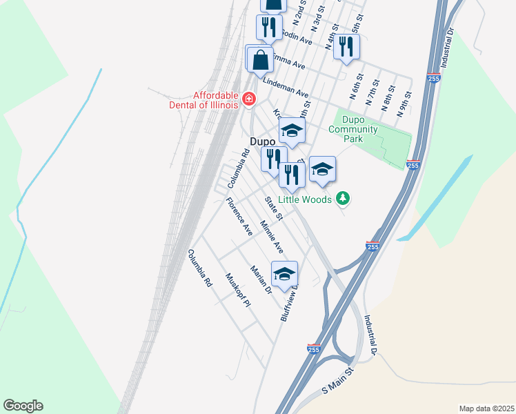 map of restaurants, bars, coffee shops, grocery stores, and more near 536 Minnie Avenue in Dupo