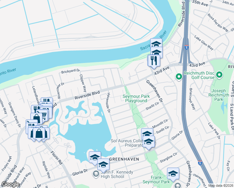map of restaurants, bars, coffee shops, grocery stores, and more near 18 Quay Court in Sacramento