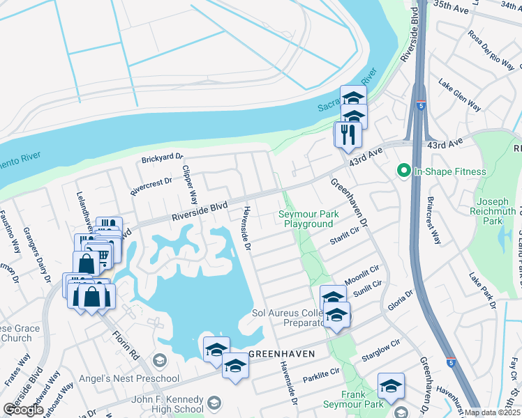map of restaurants, bars, coffee shops, grocery stores, and more near 18 Quay Court in Sacramento