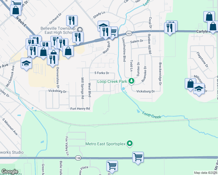 map of restaurants, bars, coffee shops, grocery stores, and more near 505 Stone River Road in Belleville