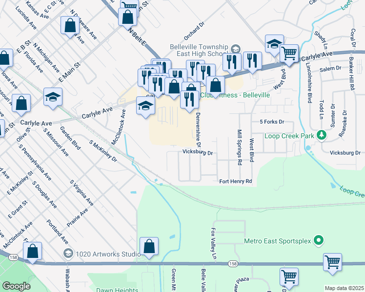 map of restaurants, bars, coffee shops, grocery stores, and more near 3300 Dovershire Drive in Belleville
