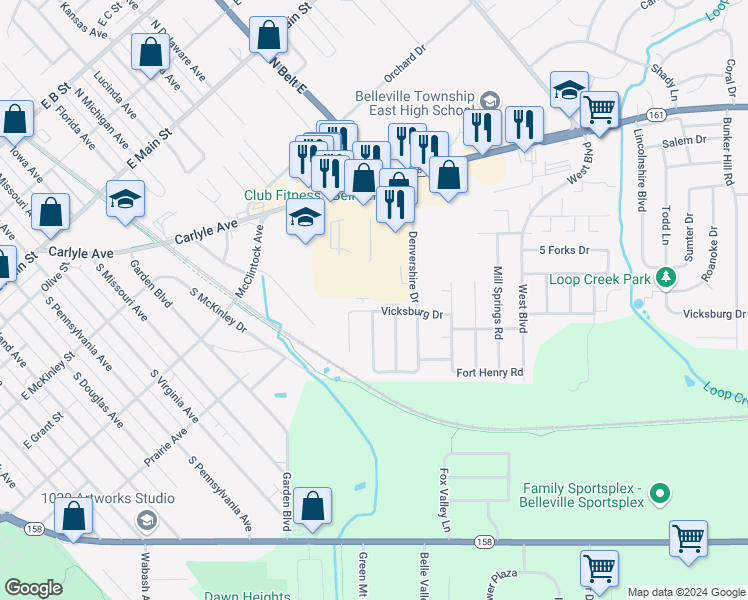 map of restaurants, bars, coffee shops, grocery stores, and more near 3300 Dovershire Drive in Belleville