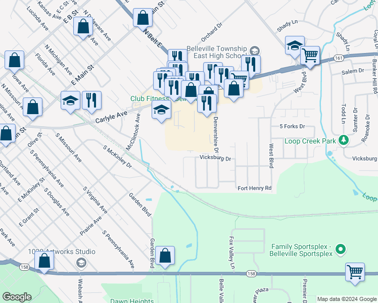 map of restaurants, bars, coffee shops, grocery stores, and more near 632 Vicksburg Drive in Belleville