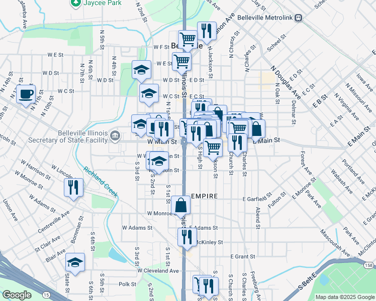 map of restaurants, bars, coffee shops, grocery stores, and more near 10 East Washington Street in Belleville