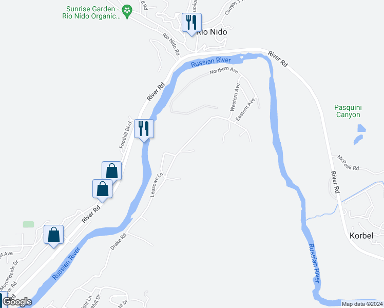 map of restaurants, bars, coffee shops, grocery stores, and more near 14831 Drake Road in Guerneville