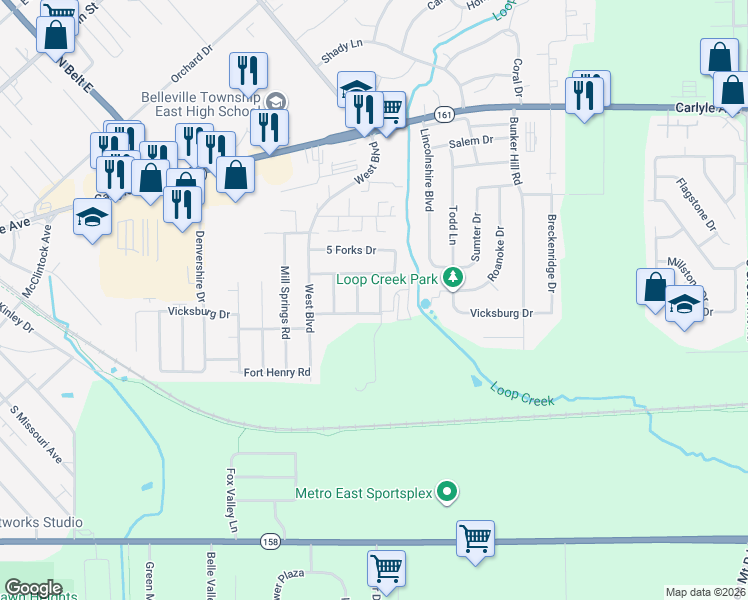 map of restaurants, bars, coffee shops, grocery stores, and more near 505 Stone River Road in Belleville