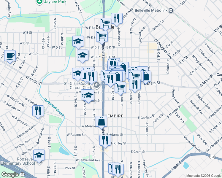 map of restaurants, bars, coffee shops, grocery stores, and more near 15 South High Street in Belleville