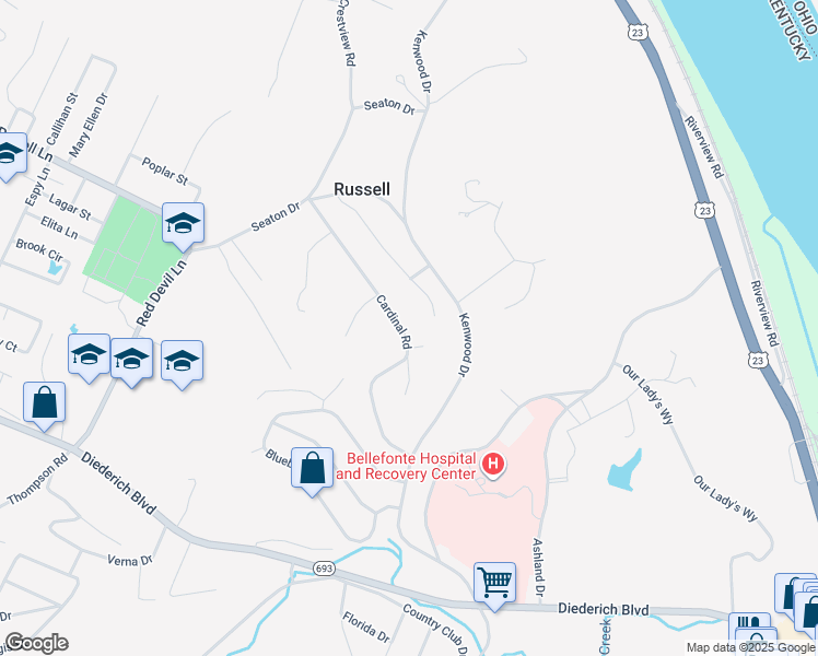 map of restaurants, bars, coffee shops, grocery stores, and more near 320 Cardinal Road in Russell