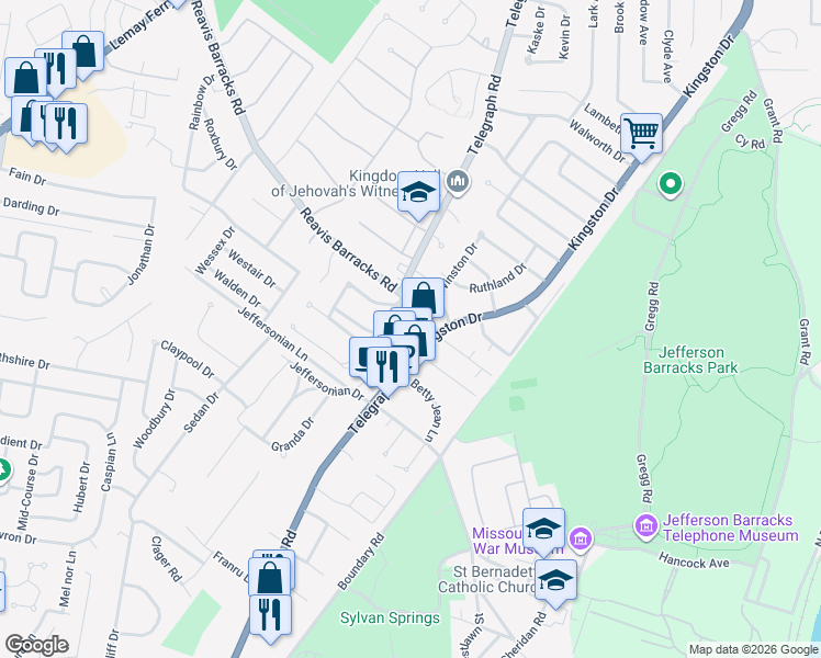map of restaurants, bars, coffee shops, grocery stores, and more near 2613 Telegraph Road in St. Louis