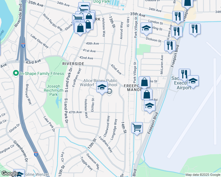 map of restaurants, bars, coffee shops, grocery stores, and more near 6251 13th Street in Sacramento