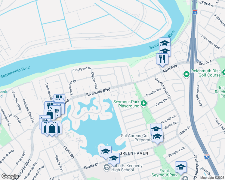 map of restaurants, bars, coffee shops, grocery stores, and more near 6290 Havenside Drive in Sacramento