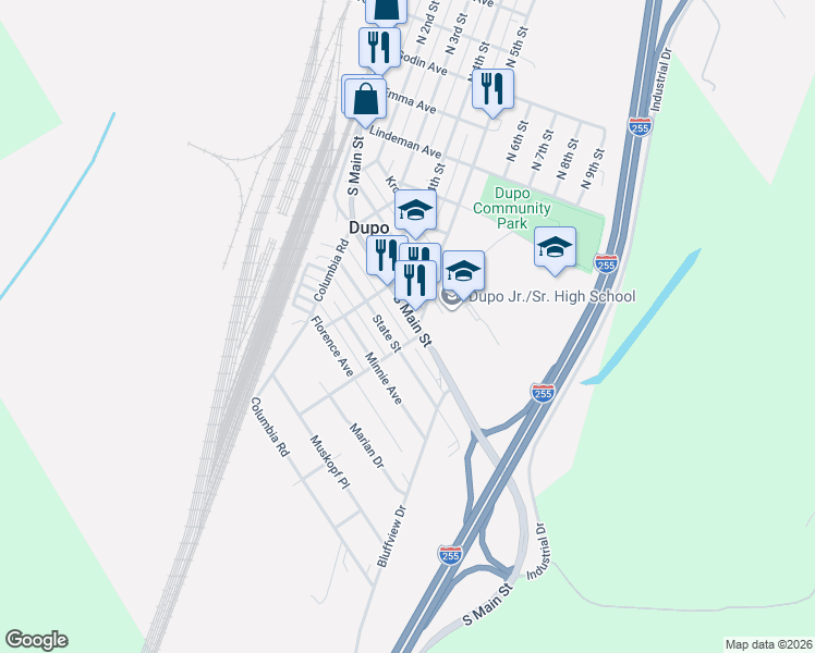 map of restaurants, bars, coffee shops, grocery stores, and more near 605 South Main Street in Dupo