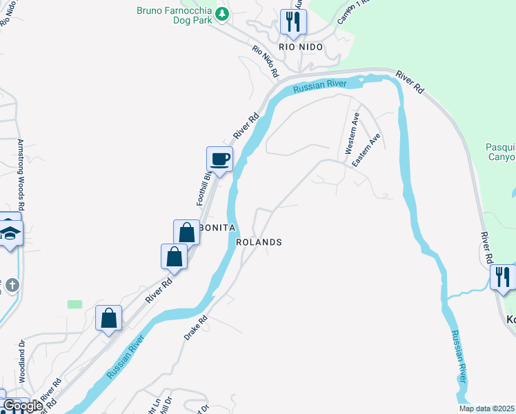 map of restaurants, bars, coffee shops, grocery stores, and more near 14918 Drake Road in Guerneville