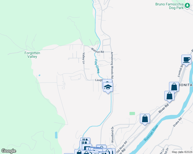 map of restaurants, bars, coffee shops, grocery stores, and more near 14725 Carrier Lane in Guerneville