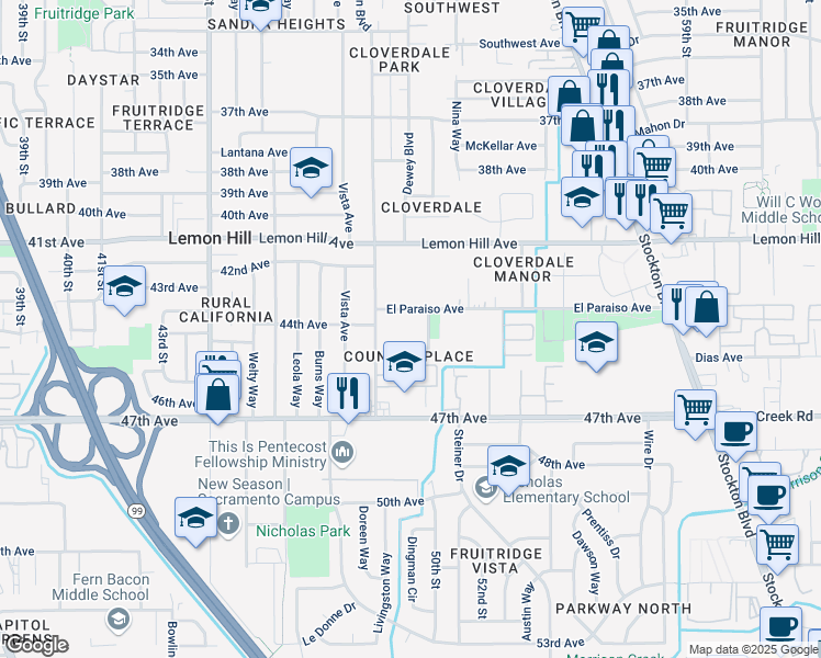 map of restaurants, bars, coffee shops, grocery stores, and more near 4929 Morningstar Drive in Sacramento