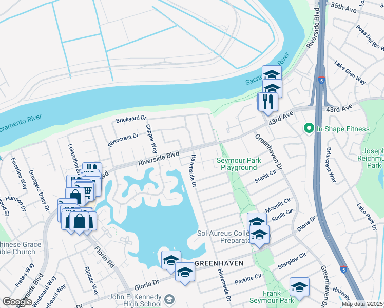 map of restaurants, bars, coffee shops, grocery stores, and more near 6290 Havenside Drive in Sacramento