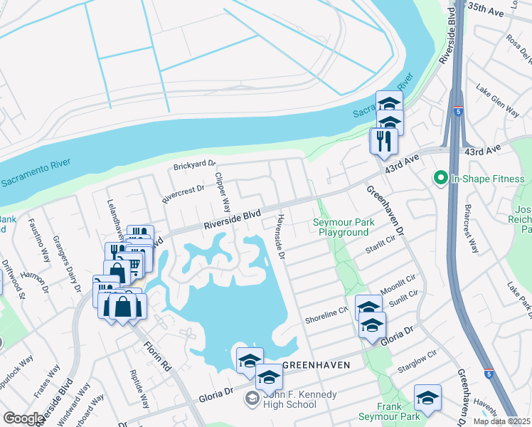 map of restaurants, bars, coffee shops, grocery stores, and more near 6290 Havenside Drive in Sacramento