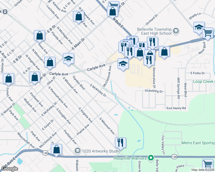 map of restaurants, bars, coffee shops, grocery stores, and more near 504 South Mc Kinley Drive in Belleville