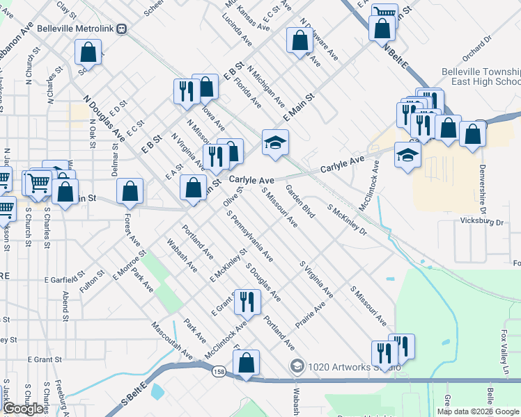 map of restaurants, bars, coffee shops, grocery stores, and more near 216 South Virginia Avenue in Belleville