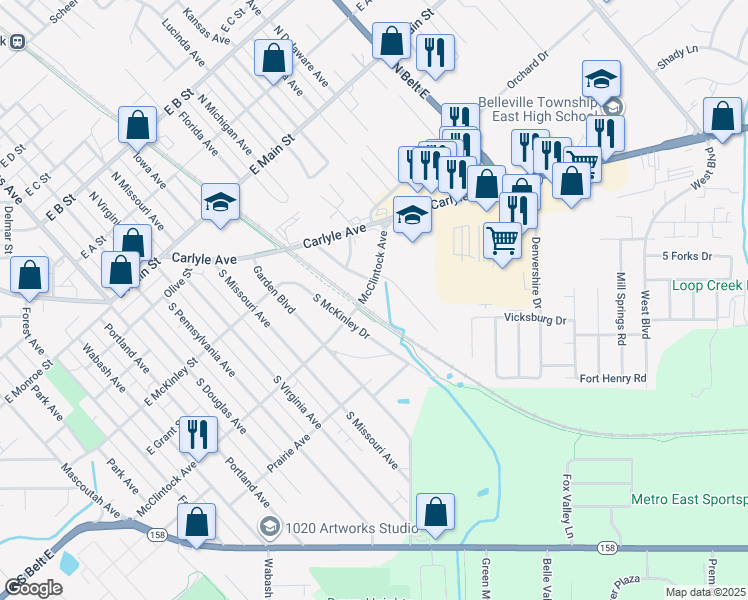 map of restaurants, bars, coffee shops, grocery stores, and more near 504 South Mc Kinley Drive in Belleville
