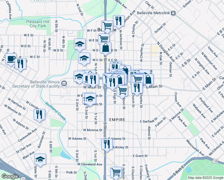 map of restaurants, bars, coffee shops, grocery stores, and more near 199 East A Street in Belleville