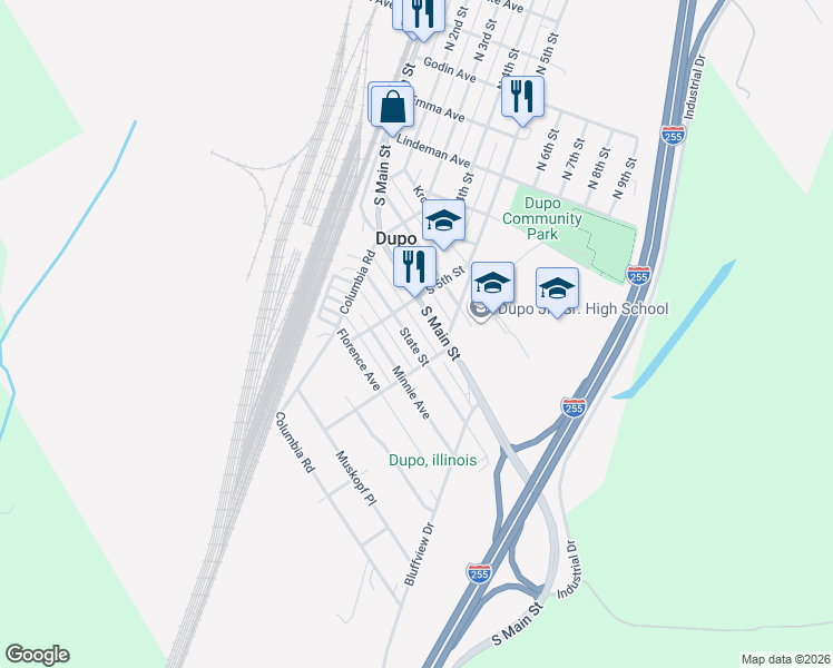 map of restaurants, bars, coffee shops, grocery stores, and more near 501 South Main Street in Dupo