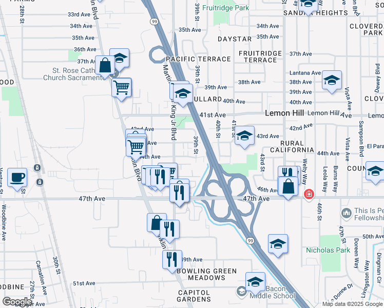 map of restaurants, bars, coffee shops, grocery stores, and more near 6201 39th Street in Sacramento