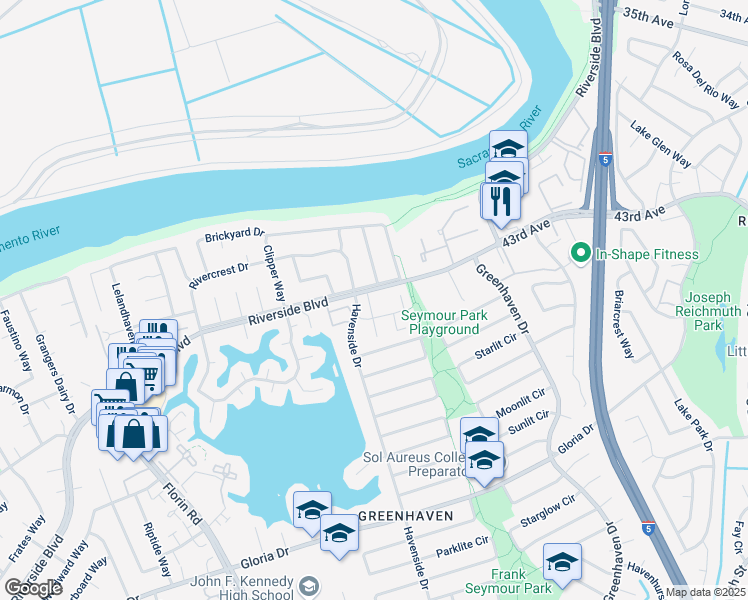 map of restaurants, bars, coffee shops, grocery stores, and more near 6201 Riverton Way in Sacramento