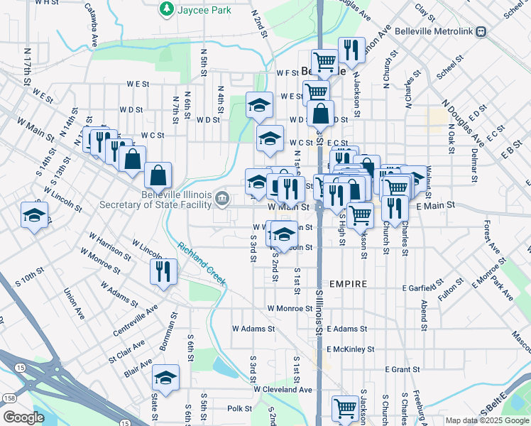 map of restaurants, bars, coffee shops, grocery stores, and more near 223 West Main Street in Belleville